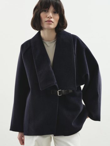 Navy Blue Cashmere Coat with Belt Buckle