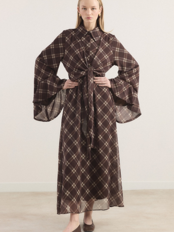Ruffle-Sleeved Checkered Chiffon Dress - Bitter Coffee