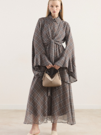 Ruffle-Sleeved Checkered Chiffon Dress - Milk Coffee