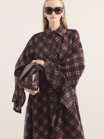 Ruffle-Sleeved Checkered Chiffon Dress - Plum