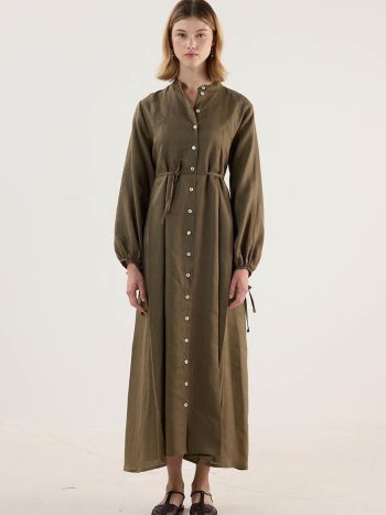 %100 Keten Elbise Haki