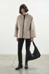 Contrast Leather Trimmed Faux Fur Beige Coat