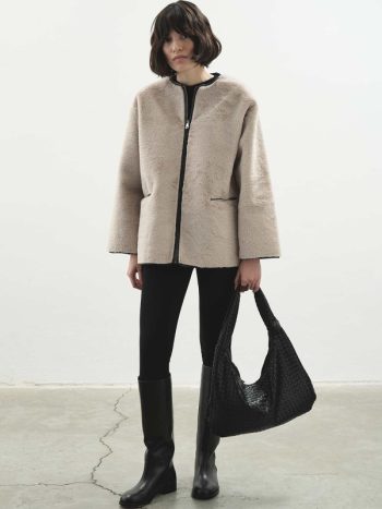 Contrast Leather Trimmed Faux Fur Beige Coat