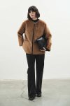 Contrast Leather Trim Faux Fur Camel Coat