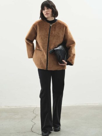 Contrast Leather Trim Faux Fur Camel Coat