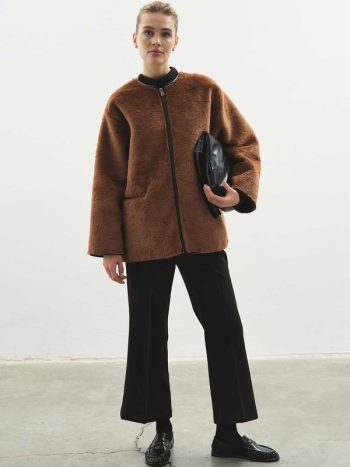 Contrast Leather Trimmed Plush Coffee Brown Coat