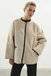 Contrast Leather Trimmed Faux Fur Stone Coat