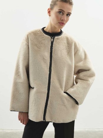 Contrast Leather Trimmed Faux Fur Stone Coat