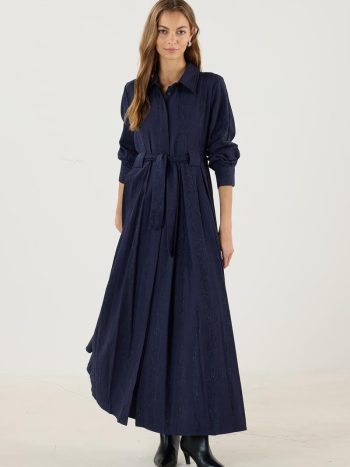 Navy Blue Striped Dress with Bridge Detail