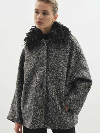 Short Black Coat with Fur Collar