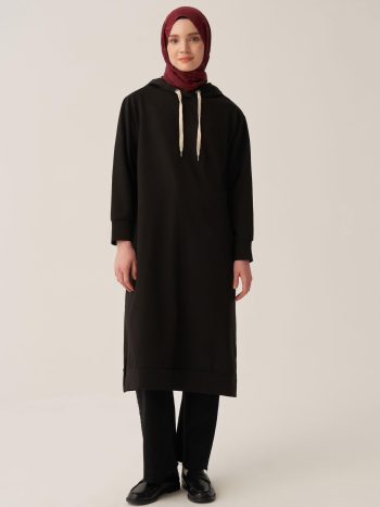 Siyah Kapüşonlu Rahat Tunik