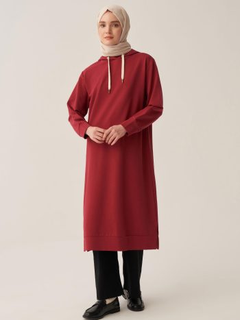 Vişne-Kapüşonlu Rahat Tunik