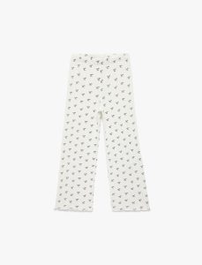 Girl's Viscose Blend High-Waisted Wide-Leg Pants with Ribbed Waist and Bow Print