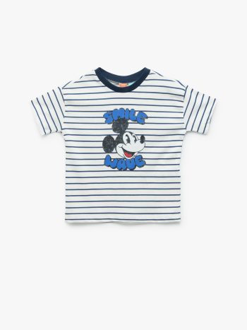 Boys' Short Sleeve Crew Neck Striped Cotton Licensed Mickey Mouse T-Shirt