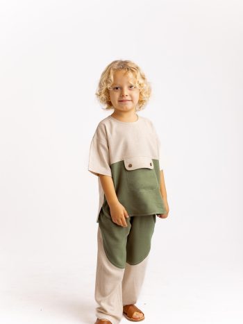 Two-Tone Linen Blouse with Kangaroo Pocket for Ages 2-7 in Khaki Green