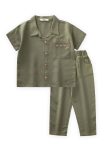 Pocket-Embroidered Shirt & Pants Linen Set 2-7 Years Old Khaki Green