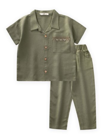 Pocket-Embroidered Shirt & Pants Linen Set 2-7 Years Old Khaki Green