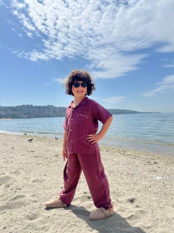 Pocket Embroidered Shirt and Pants Linen Set 2-7 Years Mulberry