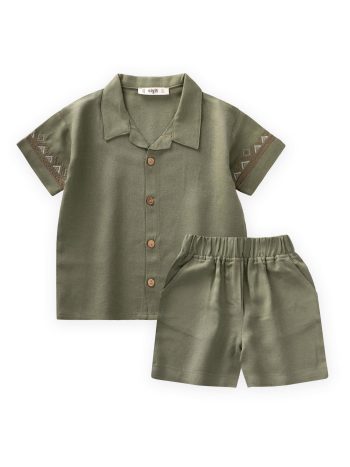 Embroidered Sleeve Shirt and Shorts Linen Set 2-7 Years Old Khaki Green