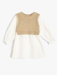 Girl's Dress with Long Sleeves and Sweater Detail Round Neck