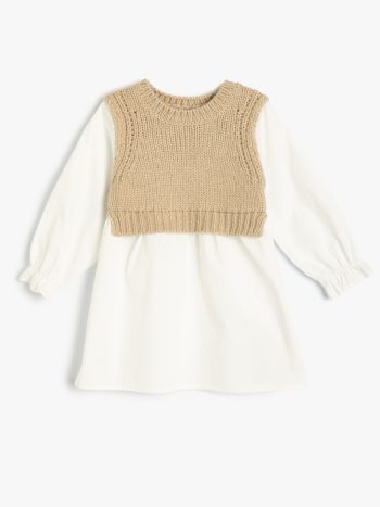 Girl's Dress with Long Sleeves and Sweater Detail Round Neck