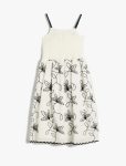 Girl's Strappy Midi Dress with Frills and Floral Embroidery in Cotton