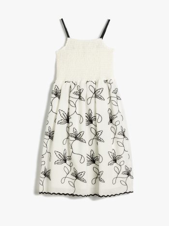 Girl's Strappy Midi Dress with Frills and Floral Embroidery in Cotton