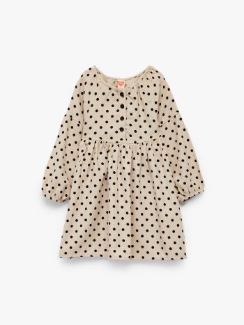 Cotton Long-Sleeve Polka Dot Buttoned Ruffle Baby Collar Mini Dress