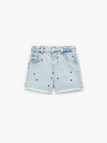 Girl's Cotton Heart-Embroidered Denim Shorts with Pockets
