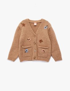 Girl's Long-Sleeve Embroidered V-Neck Buttoned Knit Cardigan