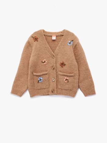 Girl's Long-Sleeve Embroidered V-Neck Buttoned Knit Cardigan