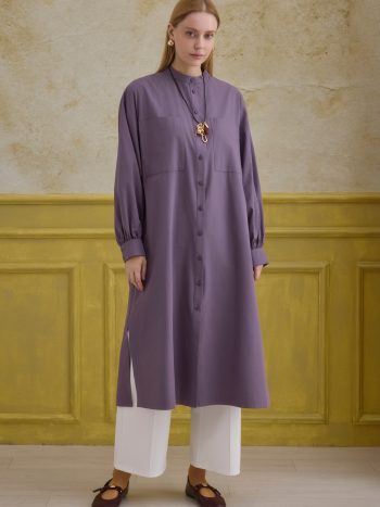 Mandarin Yaka Uzun Tunik Retro Mor