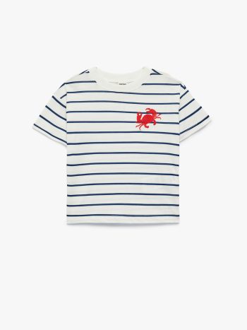Men's Baby Cotton Crab Embroidery Detail Short Sleeve Crew Neck Striped T-Shirt