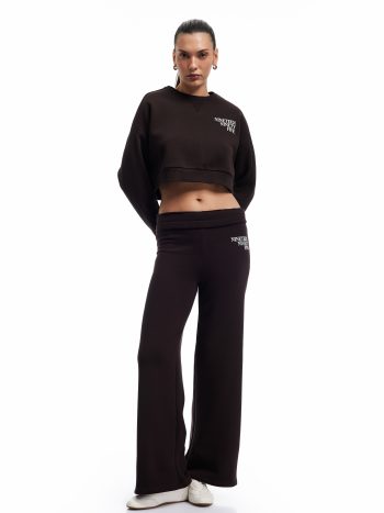 Baskılı Uzun Kollu Bisiklet Yaka Şardonlu Oversize Crop Sweatshirt