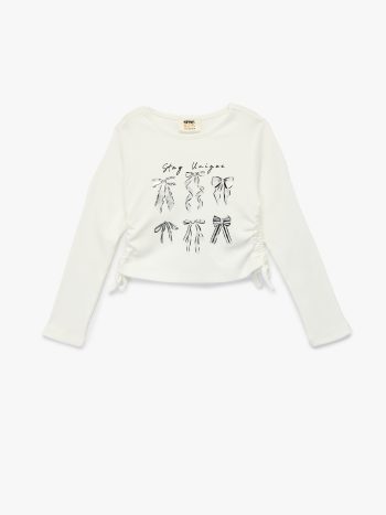 Girls' Long Sleeve Round Neck Bow Print Cotton Blend T-Shirt