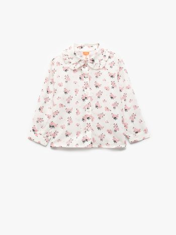 Long-Sleeved Peter Pan Collar Blouse with Floral Print and Frill Details