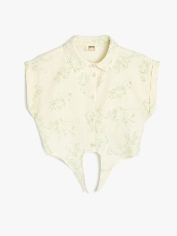 Girls' Short Sleeve Shirt with Front Tie and Pocket, Linen Blend