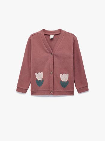 Girl's Long Sleeve V-Neck Cardigan with Floral Detail