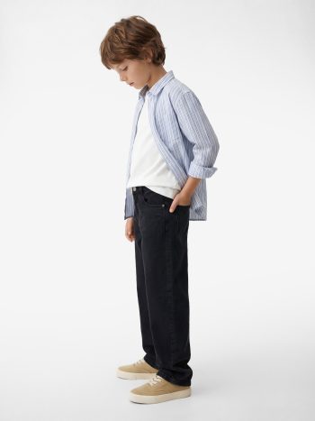 Boys' Cotton Long Sleeve Button-Down Single Pocket Striped Shirt