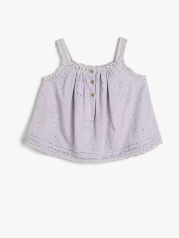 Girls' Strappy Blouse with Floral Embroidery and Button Details