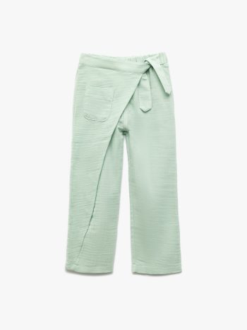 Girl's Cotton Muslin Pants with Pocket Detail and Tie Waist