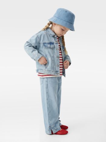 Kız Bebek Pamuklu Cep Detaylı Fiyonklu Geniş Paça Denim Pantolon - Wide Leg Jeans