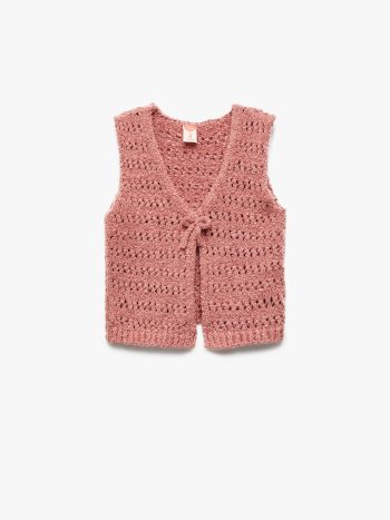 Girl's Knitted V-Neck Sleeveless Basic Vest with Tie Detail