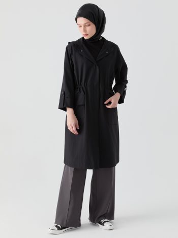 Double Sleeve Band Detailed Hoodie - Black