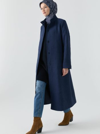 Mandarin Collar Detail Coat - Navy Blue