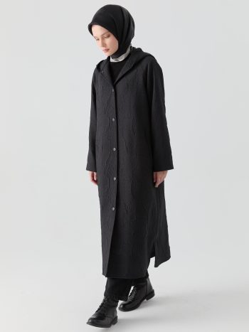 Snap Closure Quilted Hooded Jacket with Side Slits - Black