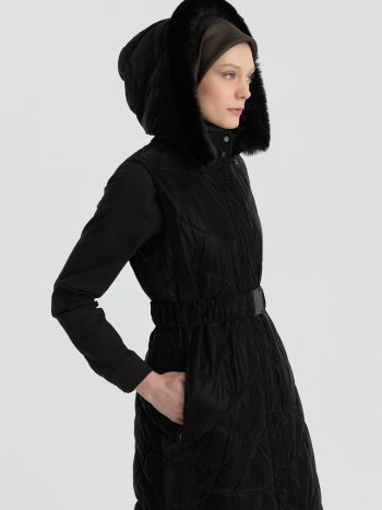 Cam Kırığı Desenli Kapitone Yelek - Siyah