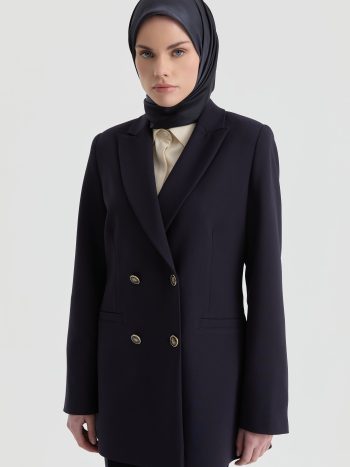 Navy Blue Blazer-Pants Set with Gold Button Details