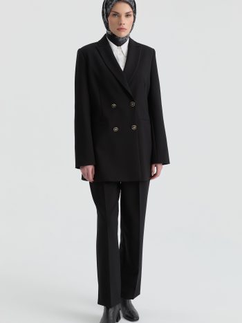 Gold Button Detailed Jacket and Pants Set - Black