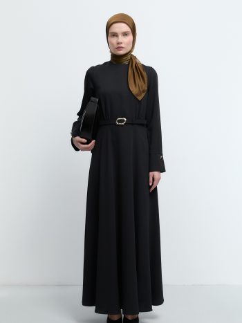 Covered Button Detail Dress - Black